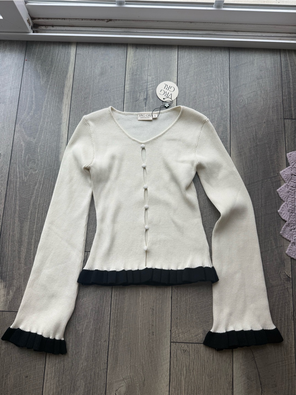 Vrg Grl White Ribbed Button-Front Top with Black Ruffle Trim